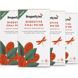 Dragonfly Tea Digestive Chai Pu'er Teabags (4x20 Tea Bags), Organic Fermented Chai Tea Bags for Gut Health Support 80 x Individually Wrapped Tea Bags
