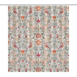 William Morris Flower Shower Curtain,Mid Century Vintage Flower Birds Elegant Animal Pattern Print Shower Curtains Sets Polyester Waterproof Fabric Decor Bathroom Curtain 66"×72" Inch With 12 Hooks