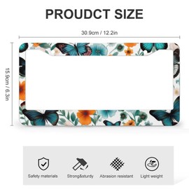 Blue Butterfly Flowers License Plate Frames Cover Holders, Car Tags Frames Holder Car Accessories 2 Pack 2 Hole Metal Aluminum License Plate Frame Decoration 12.2 x 6.3 inch for Women Men Gift