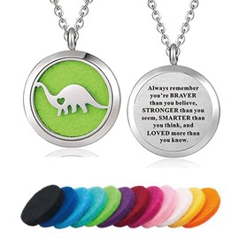 PanQueen Dinosaur Aromatherapy Essential Oil Diffuser Necklace Locket Pendant Perfume Necklace for Women Stainless Steel 12 Refill Pads