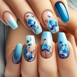 French Tip Press On Nails Fake Nails Medium Coffin with Blue Gradient Flower Designs Glossy Acrylic False Nails Glue on Nails Full Cover Thick Stick on Nails for Women Girls 24Pcs DY1903-B7
