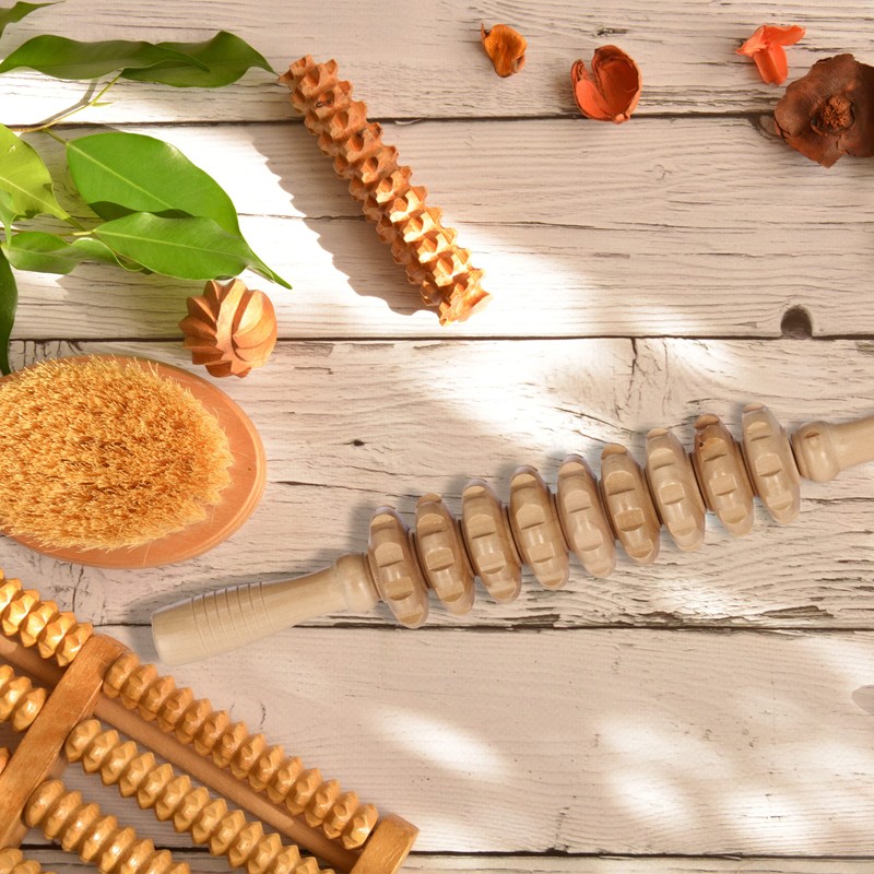 Relaxdays 3 x Wooden Massage Roller with 2 Handles, Manual