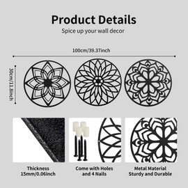GouZaak Black Metal Wall Art, Boho Black Metal Wall Decor, Abstract Floral Wall Art for Bedroom Living Room Bathroom (3 Pack, Circular, 11.8" x 11.8")