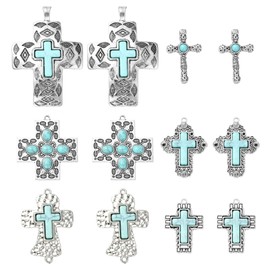 UR URLIFEHALL 12 Pcs 6 Styles Tibetan Style Turquoise Charms Antique Silver Crucifix Cross Charms for DIY Jewellery Making Religious Crafts