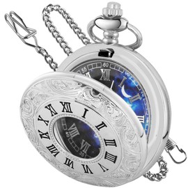 Tiong Silver Pocket Watch Hollow Blue Starry Design Roman Numerals Vintage Quartz Pocket Watch with Chain Men's Pocket Watch