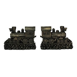 Antique Bronze Finish Steam Locomotive Decorative Bookends Set for Train Enthusiasts - Vintage Style Book End Shelf Decor Art - Each 9.25 Inches Long