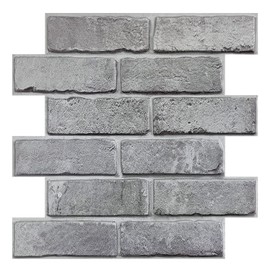 COMSTICKC 3D Gray Brick Wall Panel, Peel and Stick Brick Tiles, 10 Pcs of 12"X12", Small Size Thin PVC Faux Brick Self Adhesive Brick Wall Covering Fake Brick Paneling Background Interior Wall Decor