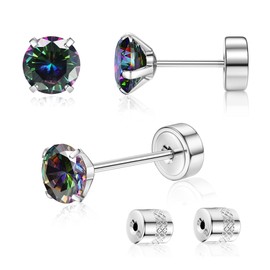 G23 Titanium Threadless Flat Back Earrings-Hypoallergenic 6A Cubic Zirconia Earrings Studs for Men-Trendy 20G Flatback Push Pin Cartilage Earring for Helix Tragus Piercing Silver+Colorful CZ 5mm