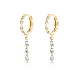 SLUYNZ 925 Sterling Silver CZ Teardrop Hoop Earrings Dangle for Women Teen Girls Waterdrop Huggie Earrings Drop (B-18K GOLD)