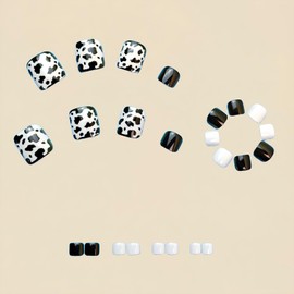 Black White Solid Color Press on Toenails Leopard Print Design False Toenails Glossy Short Square Toe Nails Reusable Full Cover Toe Nails for Women