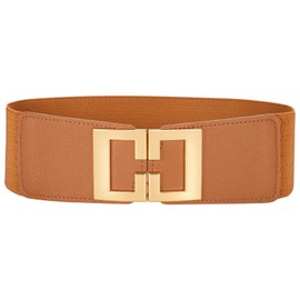 Wide Elastic Belts for Women Dresses Fashion Stretchy Waist Belt with Gold Buckle (Brown)