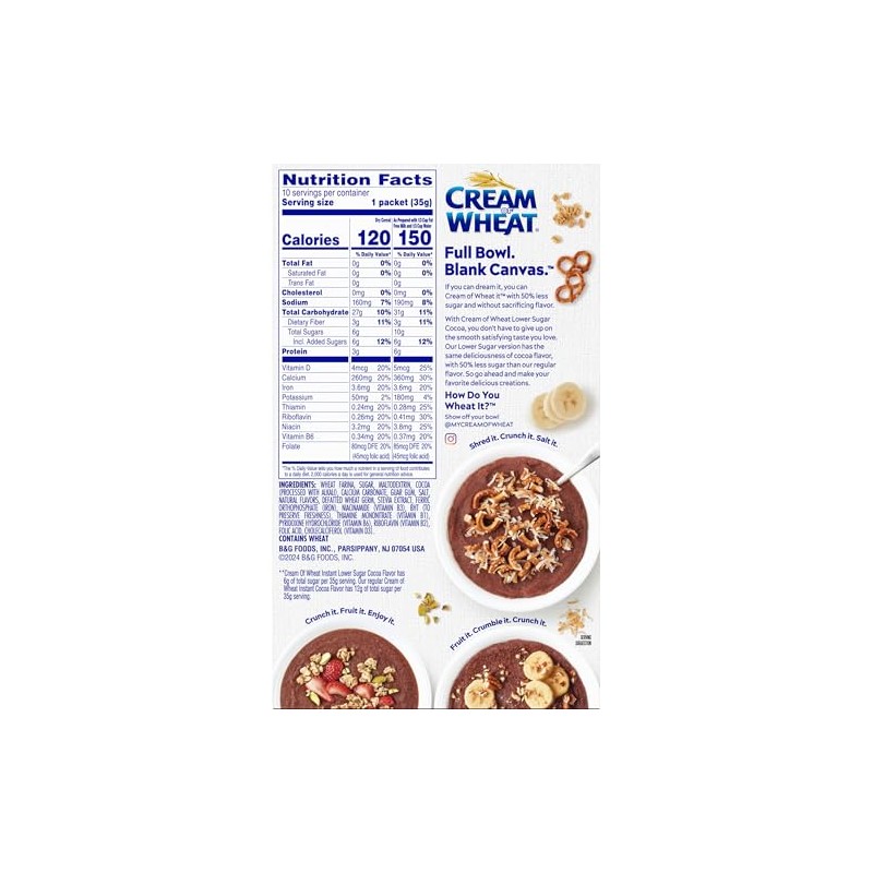 Cream of Wheat Instant Lower Sugar Hot Cereal, Cocoa, 10