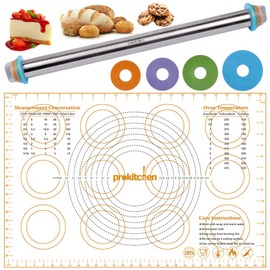 PROKITCHEN Adjustable Rolling Pin Dough Roller with Silicone Baking Pastry Mat, Stainless Steel Rolling Pins with Removable Thickness Rings Guides Spacers