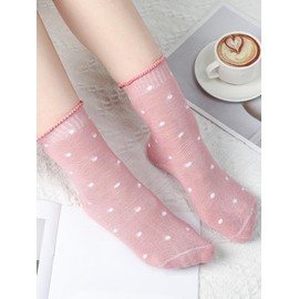 Fourluoo 6 Pairs Women Ruffle Socks Cute Polka Dot Lace Socks Loose Breathable Cotton Comfortable Middle Tube