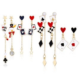 Kingdder 4 Pairs Poker Earrings for Women Playing Card Dangle Drop Ace Heart Earrings Poker Themed Jewelry for Casino Party Halloween Costume