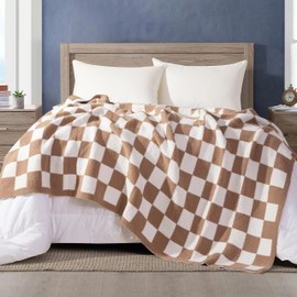 Elegant Comfort Premium Plaid Reversible Blanket Ultra Soft and Lightweight Luxury Knitted Breathable Fleece for Couch Bed Sofa Warm Velvet Fluffy Throw 50 x 70 Inch Taupe