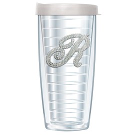 FREEHEART Silver Rhinestone Letter on Clear Insulated Tumbler with Travel Lid - Double Walled Thermal Insulation - Sparkly Glittery Monogram Initials (16 oz, R)