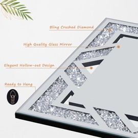 WALTSOM Square Hollow Crushed Diamond Decorative Mirror, 20”x20” Silver Crushed Diamond Mirror Decor Wall for Living Room Bedroom Bathroom (20”x20”)