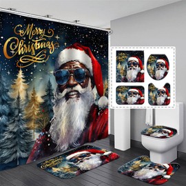 4Pcs Christmas Shower Curtain Set Funny Santa Claus Bathroom Sets with Non-Slip Rugs, Toilet Lid Cover and Bath Mat Vintage Humor Black African American Christmas Holiday Curtain Bath Xmas Home Decor
