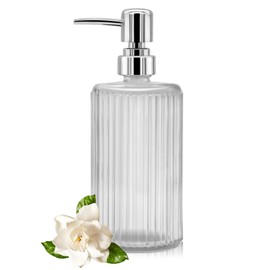 Glass Soap Dispenser - 17oz Ribbed Clear Glass Bottle with 304 Stainless Steel Pump, Refillable Soap Dispenser for Hand Dish Lotion Shampoo Conditioner for Kitchen Bathroom Countertop (Transparent)