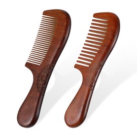 2 Pcs Wood Comb Medium Wide Tooth Wooden Comb for Women Men Hair Growth Sandalwood for Curly Hair No Static with Handle - Ebony Wood