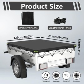 Trailer Tarpaulin 214 x 122 x 13 cm Waterproof Windproof Tear-Resistant Car Trailer Tarpaulin with Tarpaulin Rope, 750 kg Trailer Flat Tarpaulin for Many Car Trailers