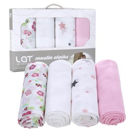 LAT Muslin Cloths for Baby, 4 Pack 70 * 80cm Baby Muslin Squares Burp Cloths for Newborns, 100% Cotton Soft and Breathable Washcloths Muslin Swaddle Blanket for Newborns (Flower+Star+Pink+White)