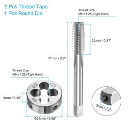 sourcing map 3pcs Tap and Die Set, Metric M9 x 1.25 Thread Taps & Round Die, Tapping Threading Tool Tap & Die Kit for Nut Screw Bolt Thread Repair