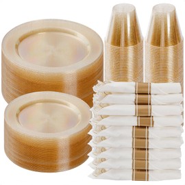 350 Piece Gold Glitter Plastic Dinnerware Set for 50 Guests, Fancy Disposable Plates for Party, Include: 50 Dinner Plates, 50 Dessert Plates, 50 Pre Rolled Napkins with Gold Glitter Silverware, 50 Cup
