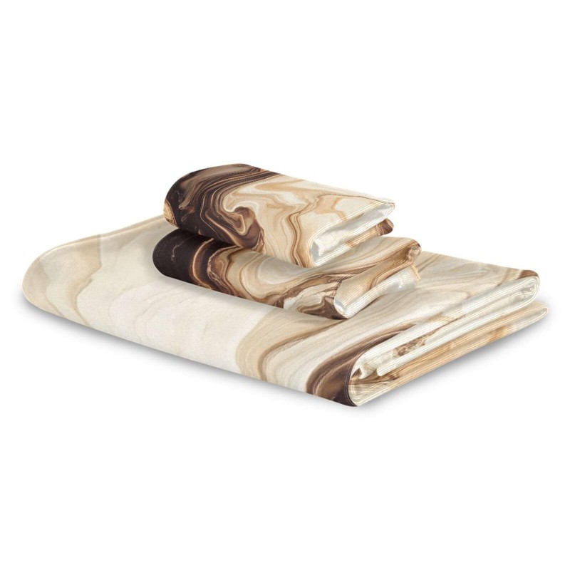 ALAZA Beige and Brown Marble Geometric Towel Bathroom Set, 3-Piece
