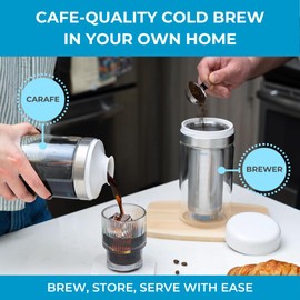SHELBRU Cold Brew Coffee Maker Set (Brewer & Carafe), Up to 12 Servings of Concentrate, Reusable Stainless Steel Dual Filter, Durable Borosilicate Glass & Spill-Proof Pouring Spout, 16.9 fl oz / 500ml