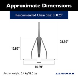 Lewmar PGX Galvanized Fluke Anchor 12 lbs., for Boats up to 39', S355 Structural Steel Construction, T-Section Design for Excellent Holding Power - 2020202617