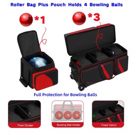 4 Ball Bowling Bags with Wheels, Bowling Ball Bag with Multi-Pockets,4 Ball Bowling Bag with Secure Buckle Fixed Ball Cup & Shoe Compartment,3 Ball Bowling Bag+1 Ball Color Matching Add On Tote (red)