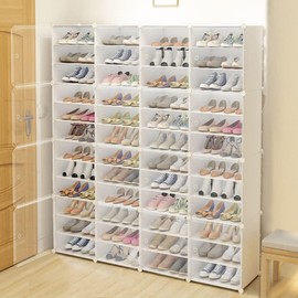 16 Pack Shoe Storage Boxes for 96 Pairs Shoes, Stackable Clear Plastic Shoe Organizer Space Saving Shoe Display Containers with Clear Lids for Women/Men, White