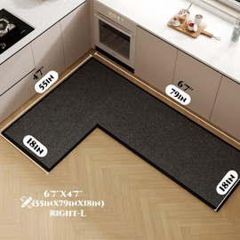 L Shape Kitchen Mat, Anti-slip Corner Kitchen Mats for Floor, 1 Piece L Shape Rug, Absorbent Runner in Front of Sink, Washable Floor Rugs for Home,Kitchen,Office(Black/Grey Right-L,6'7" x 4'7" )