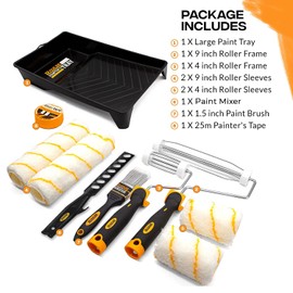 Raulde Paint Roller Set of 10 Pieces - Includes a Paint Tray, Brush, Large and Mini Rollers & Sleeves, Paint Repellent Masking Tape, Multipurpose Scraper - Roller Set for Painting Walls