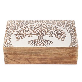 Ajuny Wooden Handcrafted Decorative Jewelry Box Tree of Life Design White Multipurpose Treasure Chest Organizer Travel Storage Keepsake Trinket Holder Watch Box Gifts 8x5 Inch