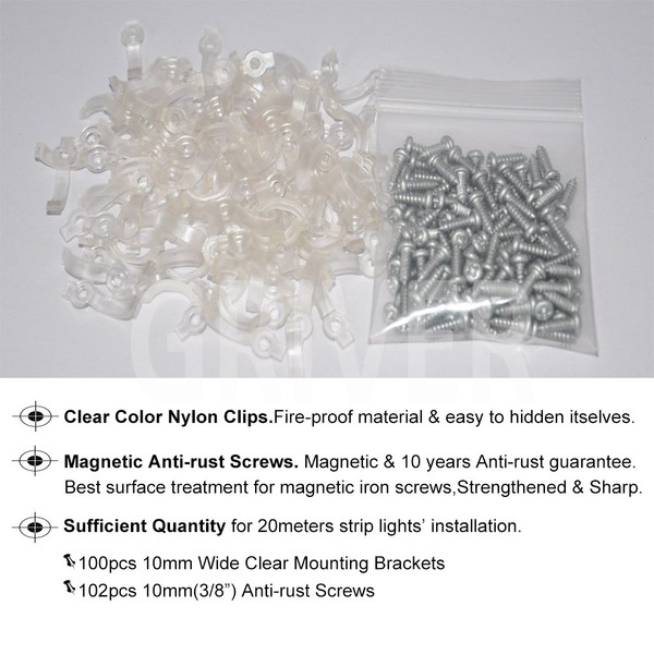 Griver 100 Pack Strip Light Mounting Brackets,Fixing Clips,One-Side Fixing,100 Screws