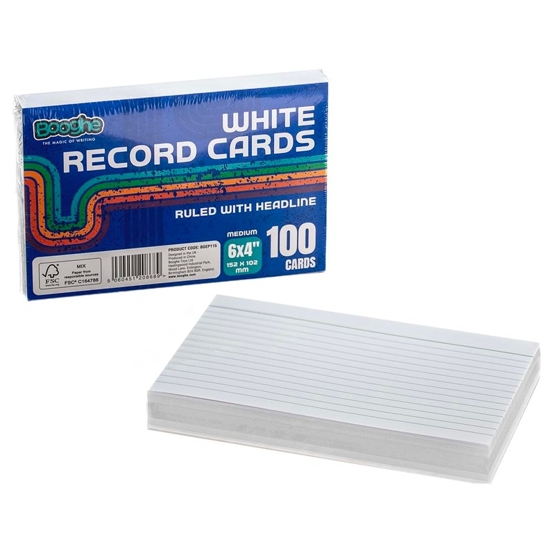 Booghe A6 White Record Cards - Ruled with Headline, 100