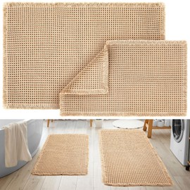 Tinideya Waffle Bathroom Rugs and Mats Sets 2 Pcs Waffle Bath Mat 18 x 30 Inches and 24 x 36 Inches Absorbent Bathroom Rugs Brown Bathroom Rugs Non Slip Machine Washable Bath Rugs for Bathroom Brown