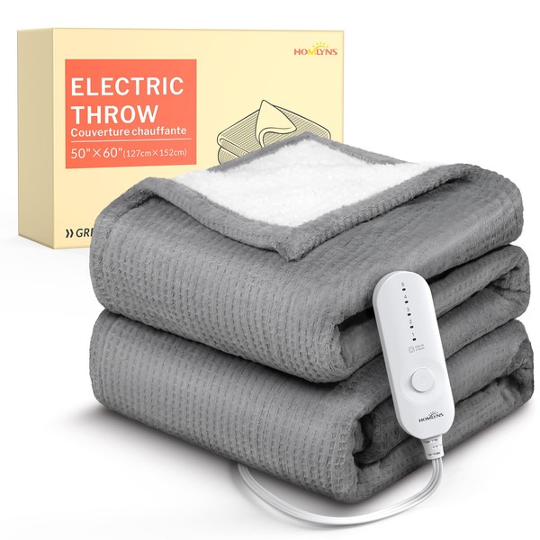 HOMLYNS LuxeHeat Heated Blanket Throw, Soft Flannel Sherpa, Electric Blanket