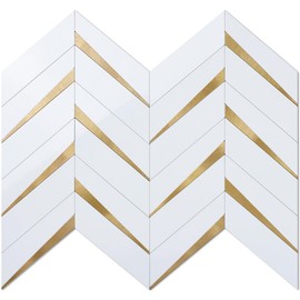 DICOFUN 1 Sheet Polished White Herringbone Peel and Stick Backsplash for Kitchen, PVC Mixed Metal Gold Chevron Stick on Backsplash Wall Tiles