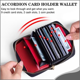 VISOUL Small Leather Card Case Wallet for Women and Men with Zipper, Slim Credit Card Holder with RFID Blocking 11 Card Slot (Black and Red)