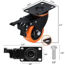 3 Inch Heavy Duty Plate Swivel Caster Set of 4 Wheels with Safety Brakes,PVC Wheels,No Noise Non-Marking,Load 1800 Lbs