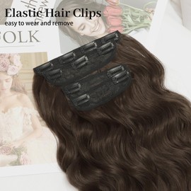 KooKaStyle Clip in Synthetic Hair Extensions Long Wavy 4PCS Thick Hairpieces Dark Chocolate Brown Fiber Double Weft Natural Hair Extensions 20 Inch for Women