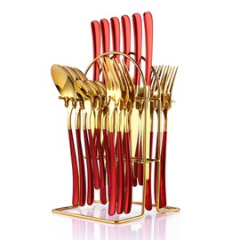 Caliamary 24 Pieces Silverware Set, Stainless Steel Flatware Set with Silverware Holder Spoons Forks Knives Set,Utensils Set Service for 6,Cutlery Set for Kitchen (Red), 9.6inch