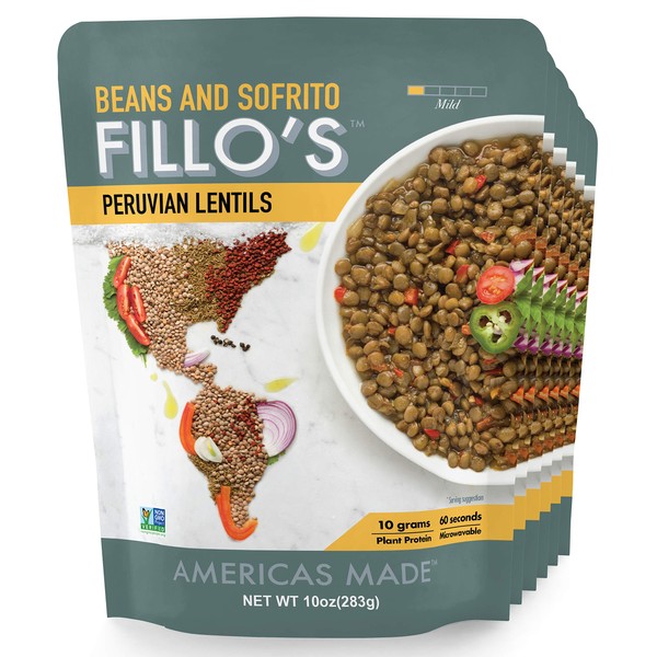 FILLO’S Peruvian Lentils, Ready to Eat Sofrito and Lentils, 6 Count, 10 Ounces Each, Seasoned With Fresh Vegetables, Microwavable, Non-GMO, Vegan, Plant Protein