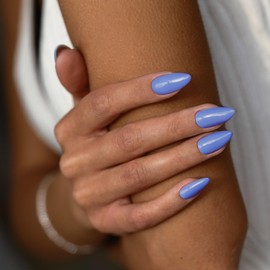 Sky Blue Press on Nails Almond Shaped Nails Press ons, Medium Fake Nails Almond Acrylic Nails Glue on Nail Medium Length False Nail for Women Thick Natural Gel Stiletto 24Pcs