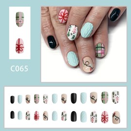 Christmas Fake Nails Short Almond Winter Press on Nails Green Full Cover Xmas Lights Bow False Nails with Designs Matte Glue on Nails Cute Acrylic Nails Manicure Artificial Nails for Women Girls 24Pcs