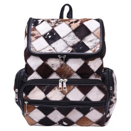 TRESSANO Cowhide Leather Backpack Animal Print Multipatch Bag with Laptop Compartment – Unique Travel Diaper Bag Backpack for Women (Black)